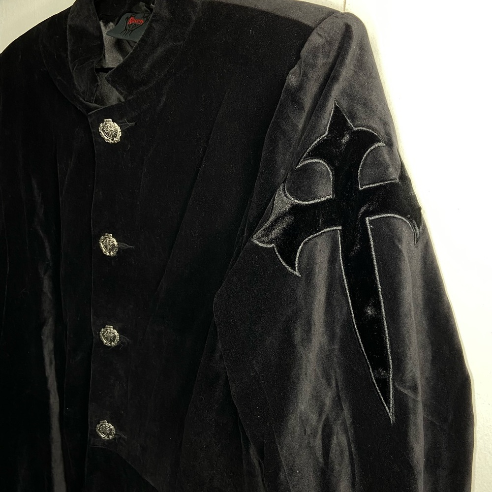 Vintage Raven Gothic Dracula Steampunk Victorian Long Velvet Trench Coat Vampire - Picture 4 of 7